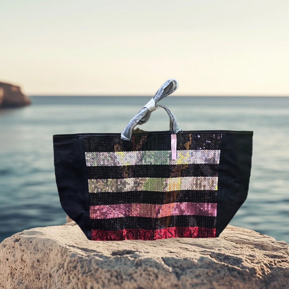Victorias Secret Sequin Stylish Black and Multicolor Tote Bag